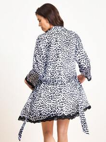 Hourtrue 3pcs Leopard Print Lace Patchwork Sleepwear Set, V-Neck Nightgown With Tie Waist Belt, Elegant Women Pajamas & Loungewear - White - View 3