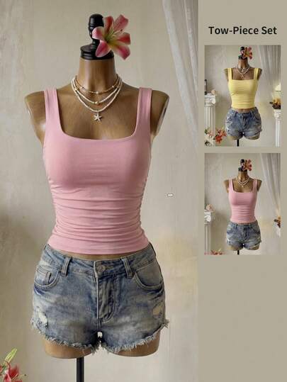 Femesol Women's Plain Loose Fit Wide Strap Minimalist Casual Top, Everyday Wear