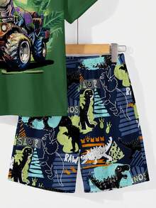 Conjunto informal minimalista de camiseta de manga corta con cuello redondo y estampado de dinosaurios, y pantalones cortos para niño preadolescente, adecuado para primavera/verano - Multicolor - Ver 5