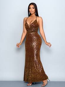 SOLERSUN Fashionable Sexy Leopard Print Backless Halter Dress - Gold - View 5