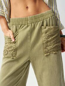 Bohemela 休闲梭织牛仔拼接蕾丝下摆宽松直筒七分裤 - 綠色 - 查看 3