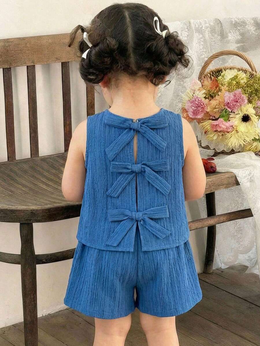 LMoss Kids 2件組女嬰編織純色無袖上衣與短褲套裝,可愛藍色夏季蝴蝶結套裝,女嬰兩件式親子套裝 - 藍色 - 查看 1