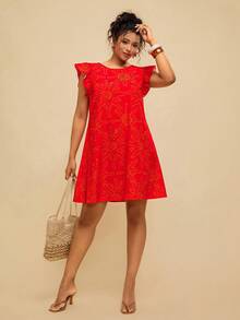 Travachic Plus Size Women's Red Abstract Line Print Dress, Round Neck Abstract Sun Pattern Loose Short Dress - Red - View 3