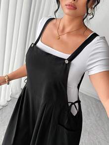 Cravure Plus Size Women Solid Color Pleated Design Casual Jumpsuit - Black - View 7