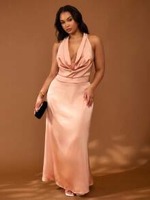 Veslaya Plus Size Women's Elegant Rose Gold Summer Satin Maxi Dress,Draped Neck Backless Silk Dress,Wedding Guest Formal Party Gala Vacation Halo Dress Y2k - Khaki - View 3