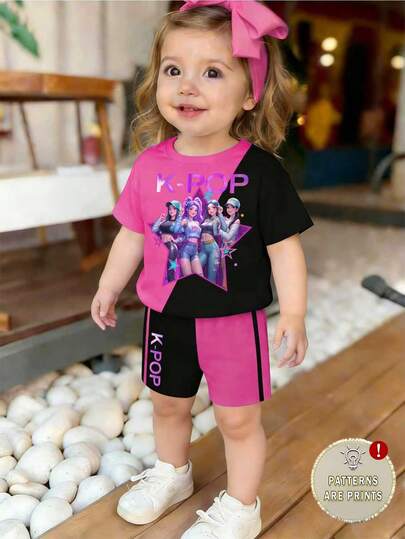 2pcs Baby Girl Fashion Cool Girl Group Star & Letter Print Top And Contrast Letter Print Shorts Set, Suitable For Outings In Summer