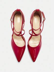 Bholvia Women's Cross Strap Pointed Toe Kitten Heel, Elegant, Patent Leather, Red, Pumps, Party Spring Shoes Summer Shoes - Red - View 11