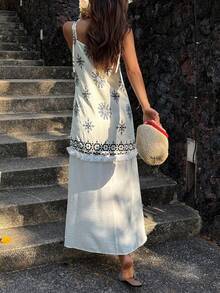 女士V领撞色拼接印花吊带连衣裙，度假休闲风夏日波西米亚风连衣裙 - 白色 - 查看 3