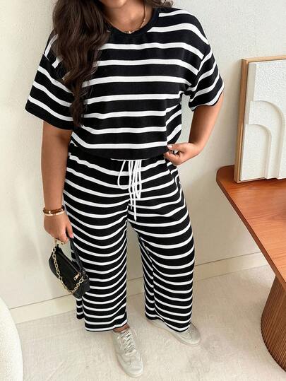 Vionelle Plus Size Casual Striped Jumpsuit With Waist Cinching