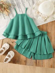 2 Pieces Set:Young Girls' Peacock Green Sleeveless Halter Top With Loose Shorts,Summer Matching Family Vacation Outfit,Holiday Casual Travel Wear - Green - View 4