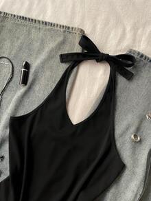 Attitoon Women's Casual Backless Tight Top, V-Neck Halter Shirt, Women's Daily Outfit, Y2K Style - Black - View 4