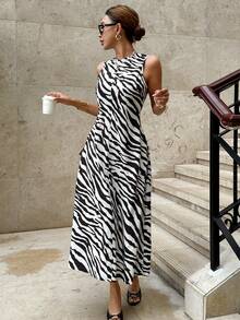 Siren Gaze 女士圆领黄/黑斑马纹中长连衣裙，无袖，休闲连衣裙，夏季连衣裙，度假连衣裙，沙滩连衣裙，露背设计，系带 - 彩色 - 查看 4