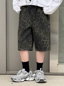 DAZY Tween Boy Leopard Print Washed Denim Shorts - Army Green - View 7