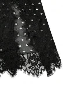 Ellevyn 女士波点撞色蕾丝侧开衩下摆优雅半身裙 - 黑色 - 查看 5