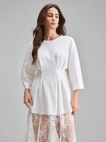 Ontre White Comfortable Moisture-Wicking Loose Fit Dropped Shoulder 3/4 Sleeve Pleated Front Tie-Waist Romantic Urban Chic Elegant Cruise Wear, Wedding Guest Attire, Business Casual Office Wear, Modest Middle Eastern Style Essential, Collegiate Back-To-School Campus, Wedding Series Design Women T-Shirt - White - View 4