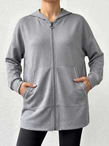Women's Casual Black Zip-Up Sweatshirt With Rhinestone Pockets, Regular Length Long Sleeve Hooded Sweatshirt - Grey - View 3
