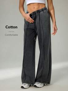 SHEIN Tall 雪洗女士抽绳阔腿运动裤 - 黑色 - 查看 3