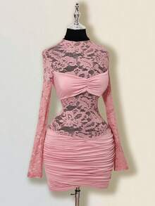 SHEIN ICON 女士花卉蕾丝荷叶边性感迷你连衣裙 - 粉色 - 查看 5