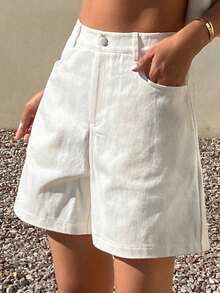DAZY Quần short nữ dáng suông, màu trơn, thêu hoa, có túi, kiểu dáng thường ngày, thích hợp cho kỳ nghỉ hè. - trắng - Xem 3
