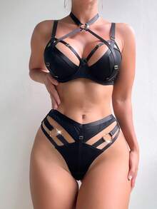 AltCore Conjunto de lencería con sujetador de aro y corte de anillo enlazado y braguita a juego - Negro - Ver 7