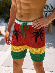 Manfinity Swimmode Pantalones cortos casuales y versátiles para uso diario con cordón en la cintura y estampado de árboles de coco para hombres - Multicolor - Ver 4