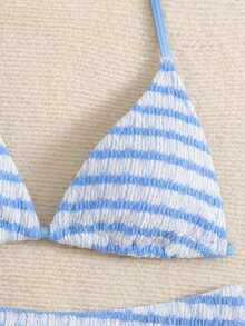 SHEIN 少女夏季泳装度假条纹露背系带性感比基尼套装，2件套，夏季沙滩 - 杏色 - 查看 4