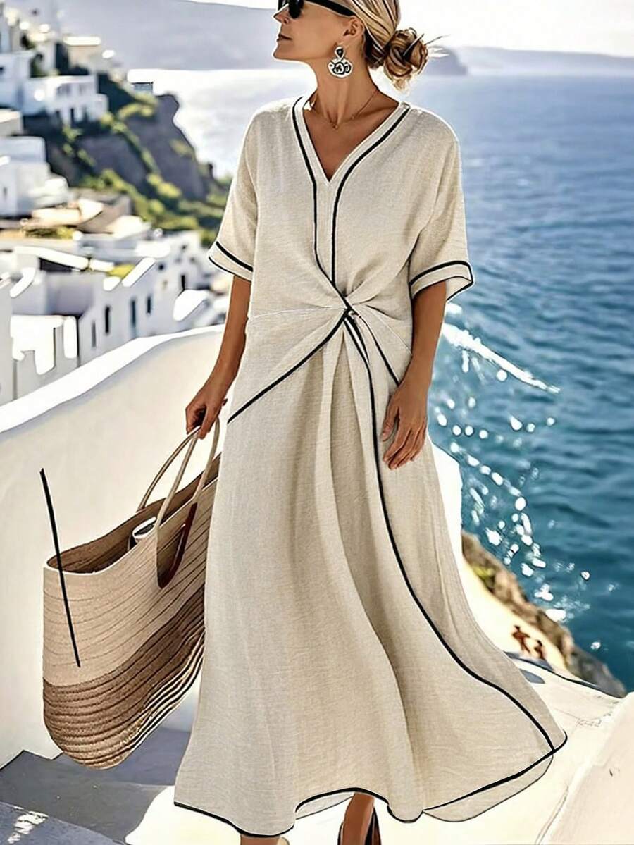 EMERY ROSE Đầm maxi ngắn tay màu đen phối cotton-linen màu mơ, một chiếc đầm cỡ lớn dành cho phụ nữ vào mùa xuân và mùa hè. Thích hợp cho những kỳ nghỉ thư giãn và những buổi đi chơi hàng ngày. - Màu be - Xem 1