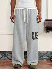 SWAVVY 男士休闲宽松运动裤，印花口袋，灰色，春秋季 - 灰色 - 查看 2