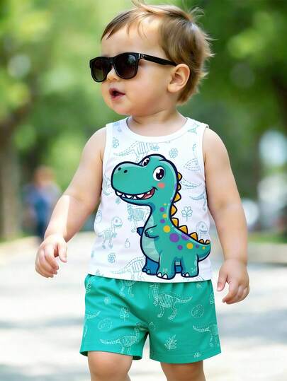 Playful Pals 2 piezas Conjunto de niño, Camiseta sin mangas con estampado de dinosaurio linda y casual combinada con pantalones cortos verdes, adecuado para salidas de verano