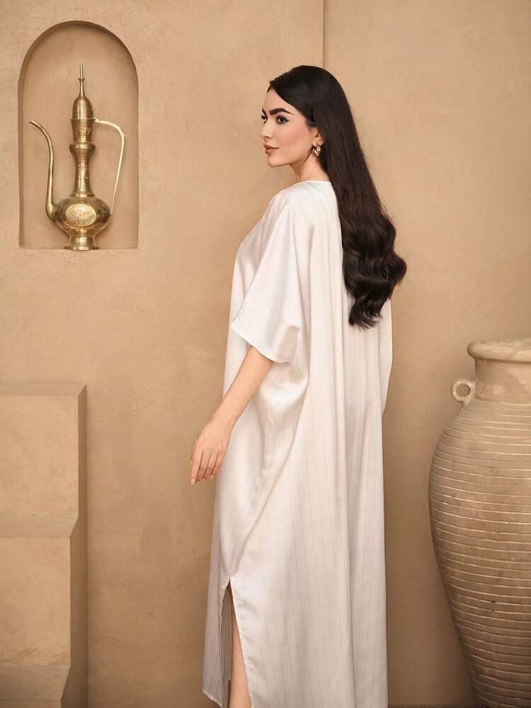 Striped Patchwork Contrast Color Sequin Trim Loose V-Neck 3/4 Sleeve Maxi Elegant Summer Dress For Women Sundress