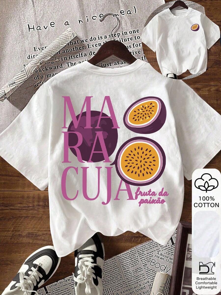 EMERY ROSE Women's Letter & Fruit Print Round Neck Short Sleeve Casual Versatile T-Shirt - White - View 1