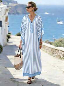 Breezaya Đầm nữ cổ chữ V kẻ sọc dáng casual thích hợp cho kỳ nghỉ - Xanh và trắng - Xem 6
