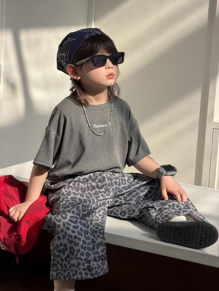 Young Boy Casual Fashion Street Daily Commute Letter Embroidery Dropped Shoulder Loose T-Shirt And Leopard Print Wide Leg Pants Set, Spring/Summer/Autumn