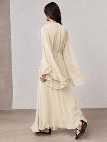 ZEYLAH Elegant Romantic V-Neck Ruched Cinched Waist Ruffle Hem Dress, Spring/Summer - Apricot - View 3