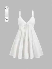 Sweetra 优雅法式浪漫少女风弹力蕾丝设计度假连衣裙，百搭白色短款俏皮连衣裙，适合夏季穿着 - 白色 - 查看 1