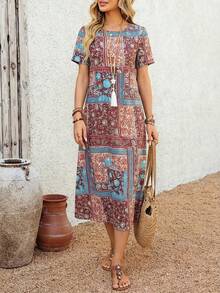 EMERY ROSE 女士夏季长款连衣裙，短袖，大碎花印花。 - 藍色 - 查看 4