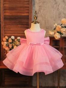 SHEIN Glamorique Kids 花童礼服，蓬蓬裙，后背大蝴蝶结，女婴公主裙，粉色薄纱裙，双层薄纱裙，珍珠装饰，自信骄傲的礼服，钢琴演奏会蓬蓬裙 - 西瓜粉 - 查看 3