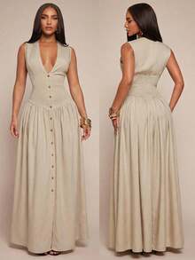 Radiana 女士优雅简约卡其色亚麻质感V领无袖连衣裙，收腰设计，纽扣衬衫裙，飘逸半身裙，休闲连衣裙，复古风连衣裙，简约连衣裙，度假连衣裙 - 卡其色 - 查看 7