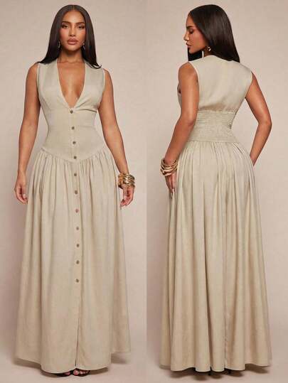 Radiana Women's Elegant Minimalist Khaki Linen-Look V-Neck Sleeveless Dress, Waist-Cinched Dress, Button-Front Shirtdress, Flowy Tiered Dress, Casual Dress, Retro Chic Dress, Minimalist Style Dress, Vacation Dress