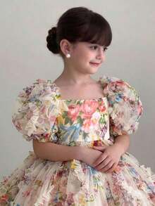 SHEIN 女童春夏新款刺绣泡泡袖公主裙 - 彩色 - 查看 1