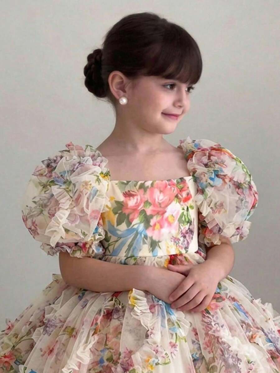 SHEIN 女童春夏新款刺绣泡泡袖公主裙 - 彩色 - 查看 1