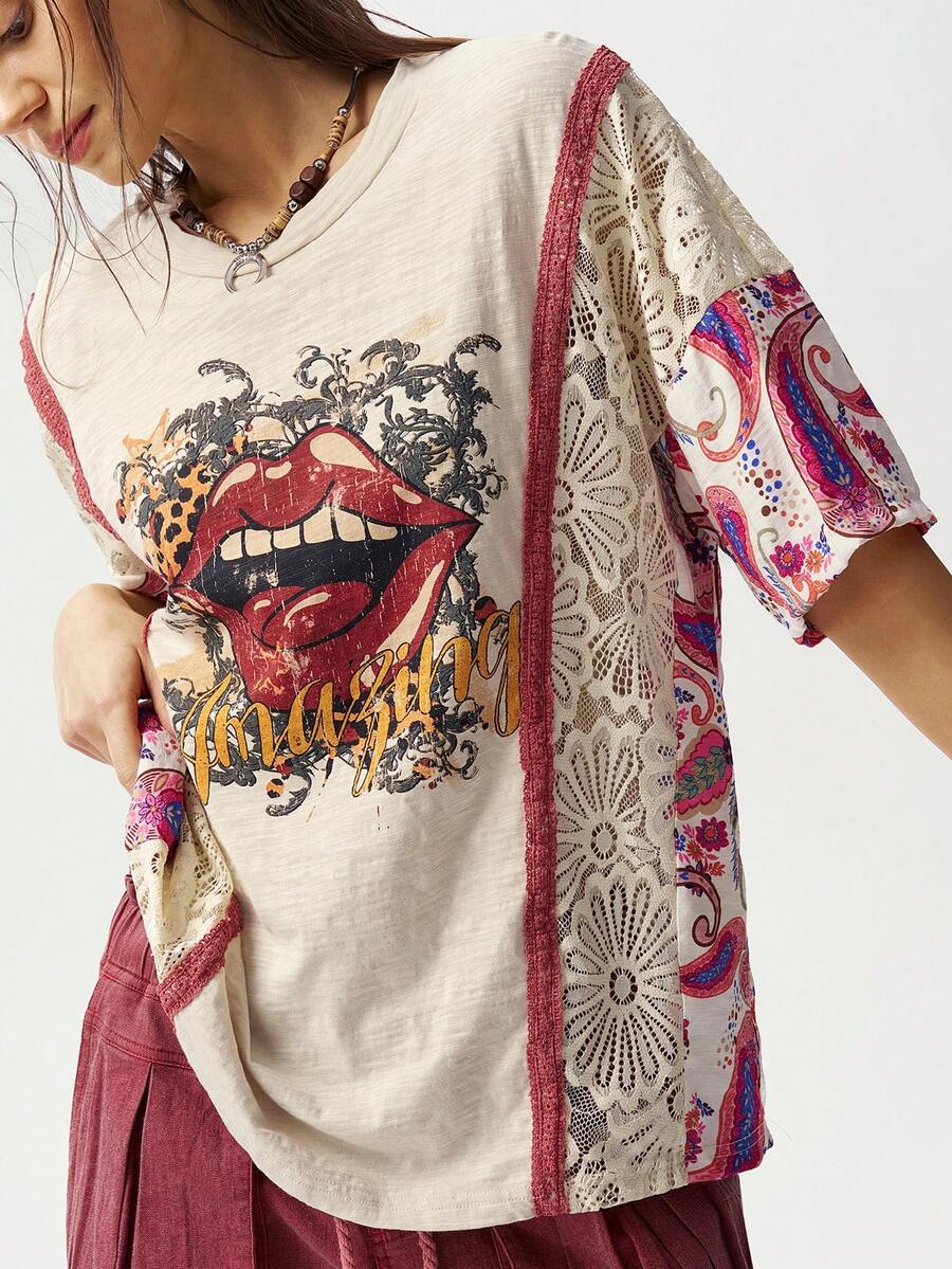 Bohemela 休闲纯色针织圆领短袖宽松水洗女式T恤 - 杏色 - 查看 1