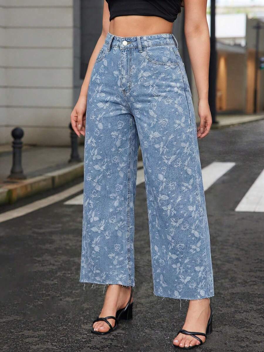 SHEIN Frenchy Quần jeans ống rộng dệt jacquard mài bạc màu, kiểu dáng thường ngày. - Rửa nhẹ - Xem 1