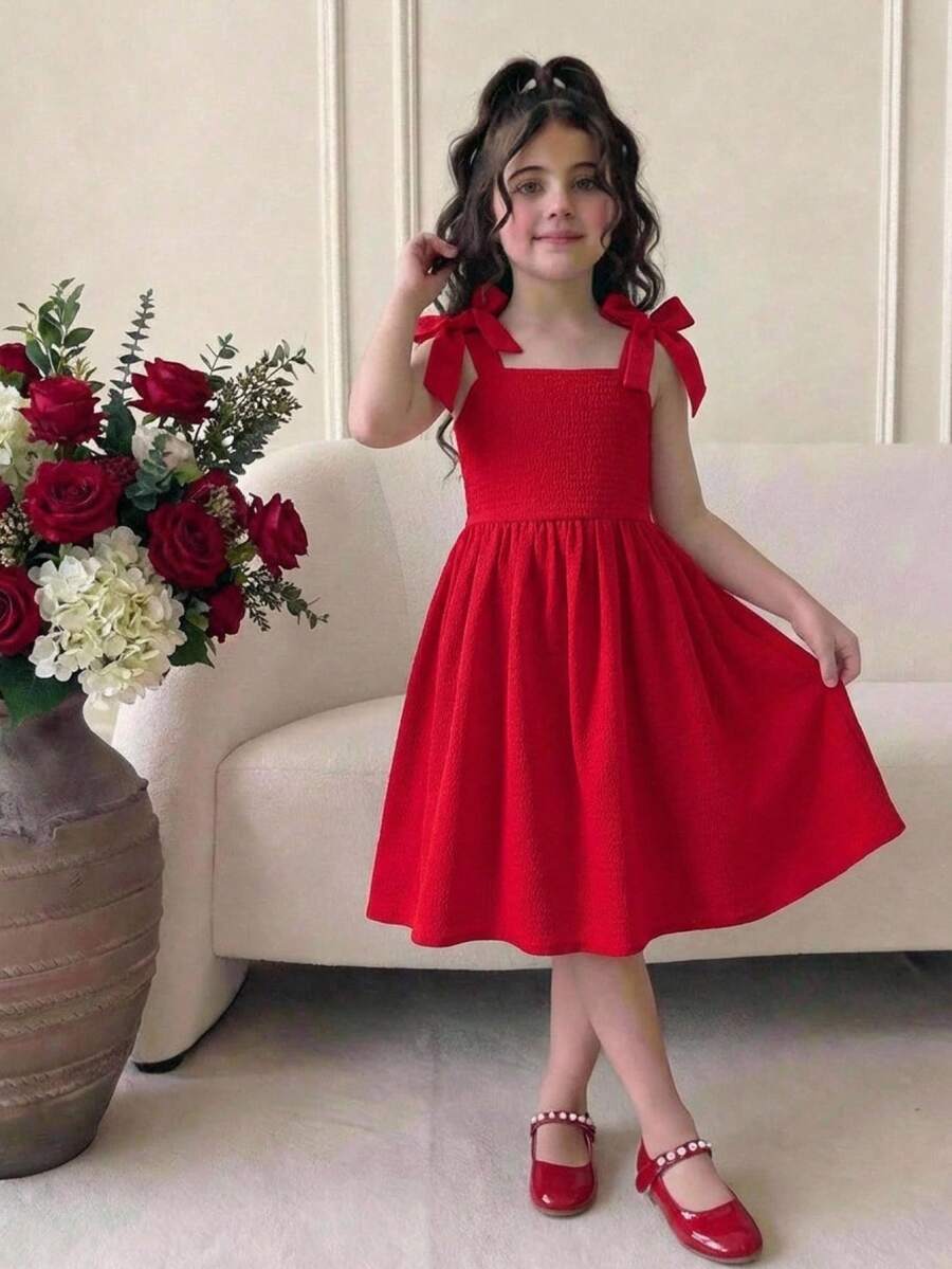 Young Girl Casual Vacation Elegant 3D Bow Strap Dress Elegant  Wedding Outfits - Red - View 1