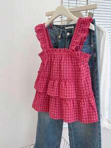 SHEIN 少女无袖荷叶边背心，优雅休闲百搭，适合度假、旅行、日常休闲穿着和上学穿着。 - 玫紅色 - 查看 7