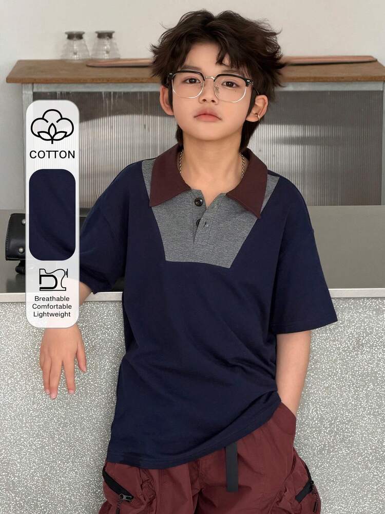 Tween Boy Contrast Color Polo Collar Short Sleeve Casual T-Shirt Summer