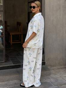 DAZY 2pcs Plant Pattern Loose Cardigan Short Sleeve & Straight Leg Long Pajama Pants Set, Women Summer Sleepwear - Beige - View 2