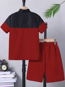 SHEIN 2pcs/Set Toddler Boys' Colorblock Short Sleeve Top And Shorts Set - Red - View 2