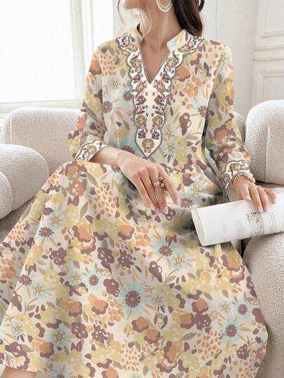 SHEIN Najma Vintage Yellow Ditsy Floral V-Neck Slit Long Sleeve Maxi Dress, Elegant Arabic Style Dress For Spring/Summer, Suitable For Daily, Holiday And Vacation Wear