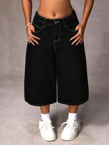 SHEIN Tall 女士高腰口袋宽松休闲阔腿七分牛仔裤 - 黑色 - 查看 4